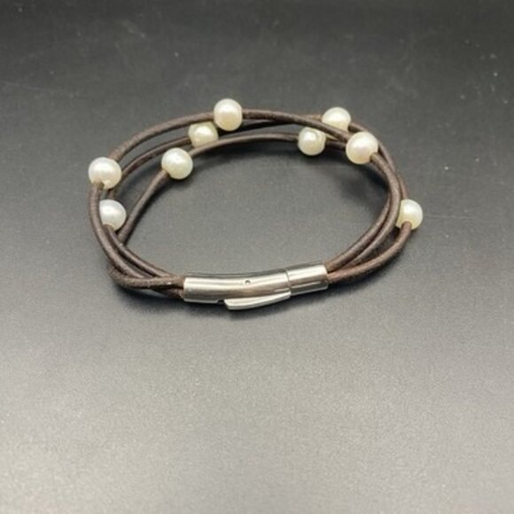 Genuine Pearl Leather Bracelet 7" Multi Strand Stainless Steel Push Lock Clasp - Picture 3 of 6